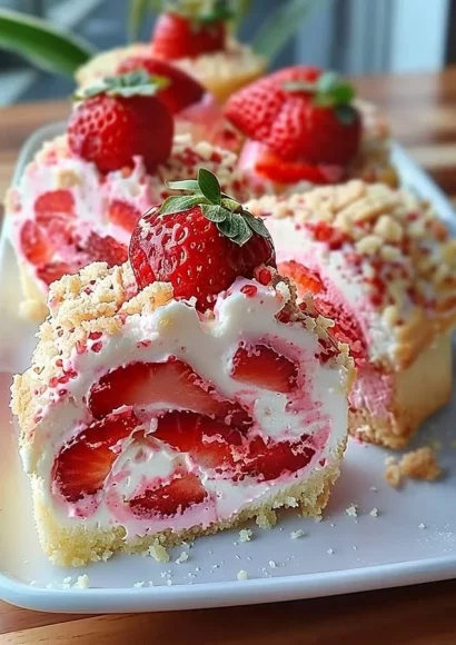 Delicious strawberry shortcake cheesecake topped with fresh strawberries and cream