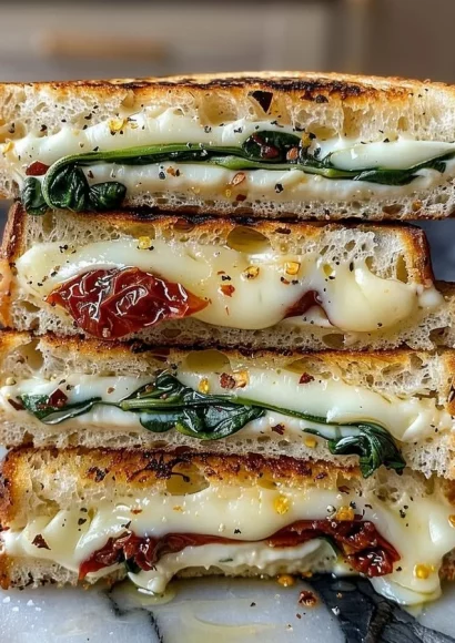 Sun-dried tomato, spinach, and ricotta grilled cheese sandwich with crispy golden bread