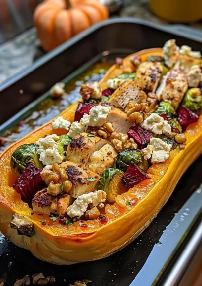 Honey roasted butternut squash stuffed with chicken, garnished and baked.