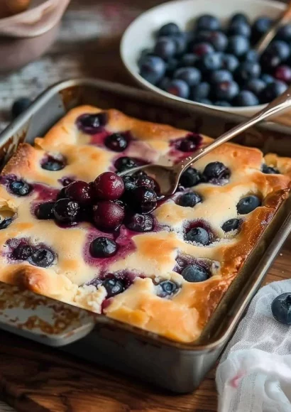 Sweet and Tangy Cottage Cheese Blueberry Bake served in a dish
