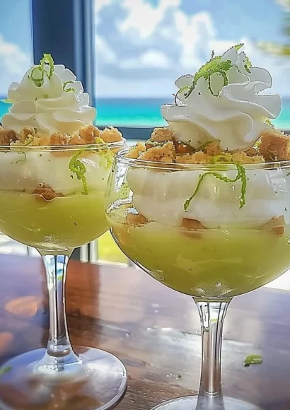 Slice of key lime pie cheesecake piña colada dessert with tropical garnishes.