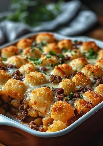 Delicious Tater Tot Casserole topped with ground beef and crispy tots