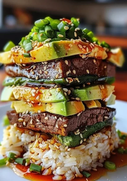 Delicious Teriyaki Beef and Avocado Rice Stack served on a plate