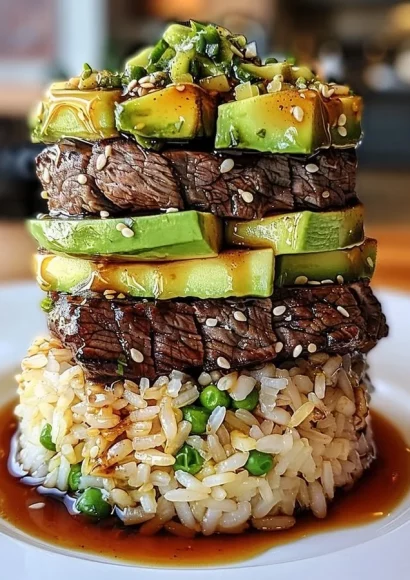Delicious teriyaki beef and avocado rice stack layered for a tasty meal