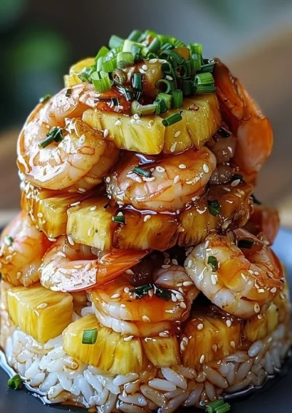 Teriyaki shrimp served over a colorful pineapple rice stack