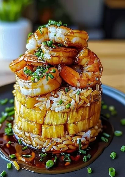 Teriyaki shrimp with pineapple rice stack served on a plate