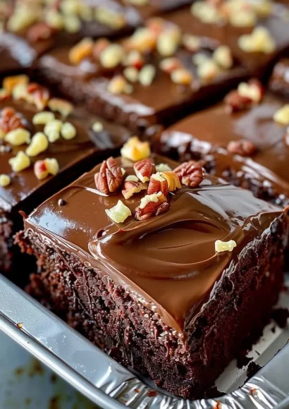 Delicious Texas Sheet Cake topped with chocolate icing and pecans.