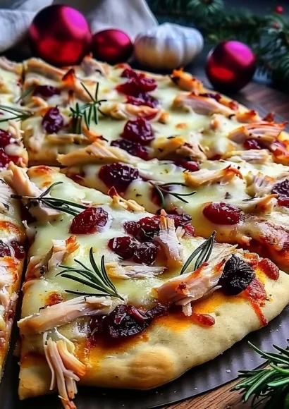 Thanksgiving turkey pizza topped with cranberry sauce and fresh herbs