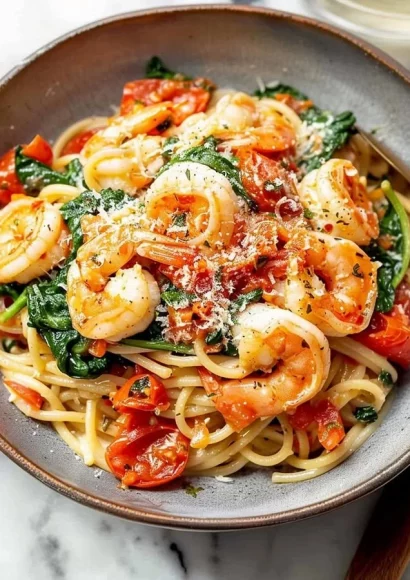 Tomato Spinach Shrimp Pasta served in a bowl with fresh herbs