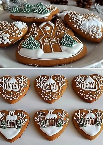 Traditional gingerbread cookies decorated to resemble a winter village