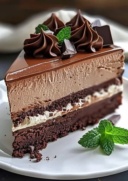 Delicious triple chocolate mousse cake topped with chocolate shavings.