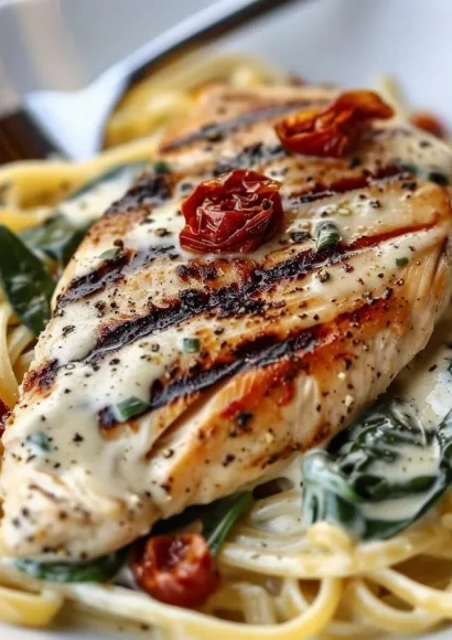 Creamy Tuscan Chicken Alfredo dish with pasta, sun-dried tomatoes, and spinach