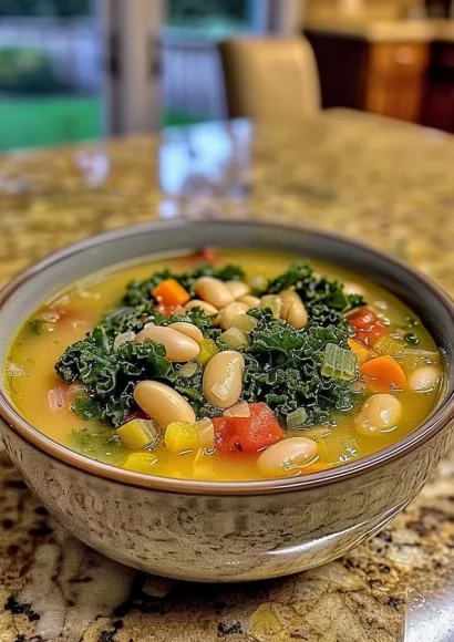 Bowl of Tuscan white bean soup with kale and herbs garnished