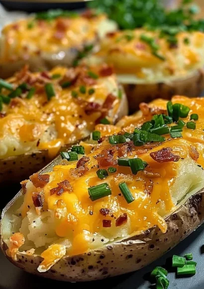 Delicious twice baked potatoes topped with cheese and chives on a plate