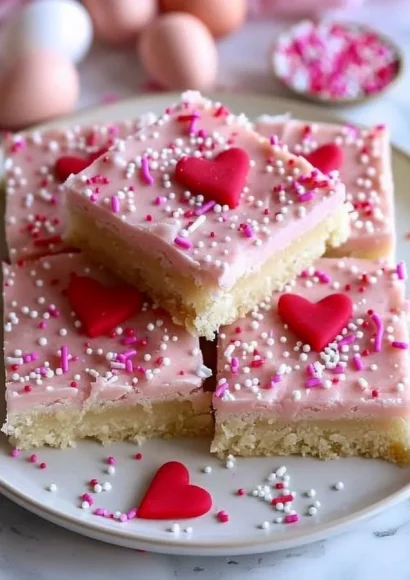 Delicious Valentine sugar cookie bars decorated with heart-shaped sprinkles