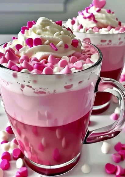 Valentine's Day pink hot chocolate topped with whipped cream and sprinkles.