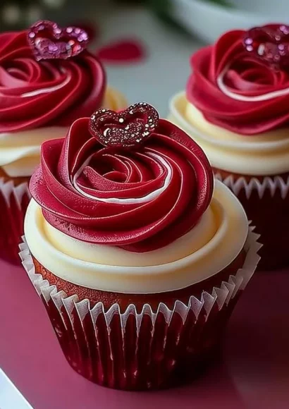 Valentine's Day cupcakes decorated with roses and hearts