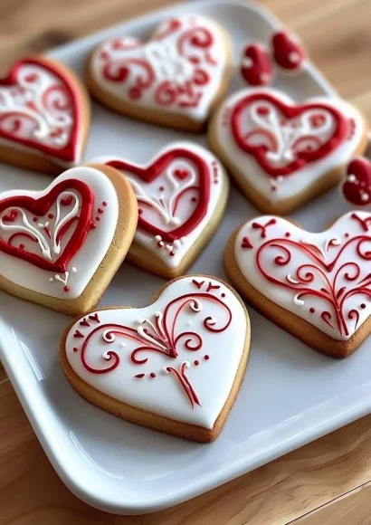 Valentine's Day decorated Royal Icing Cookies in heart shapes