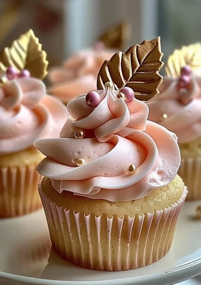 Vanilla cupcakes with blush pink buttercream frosting in a decorative presentation.