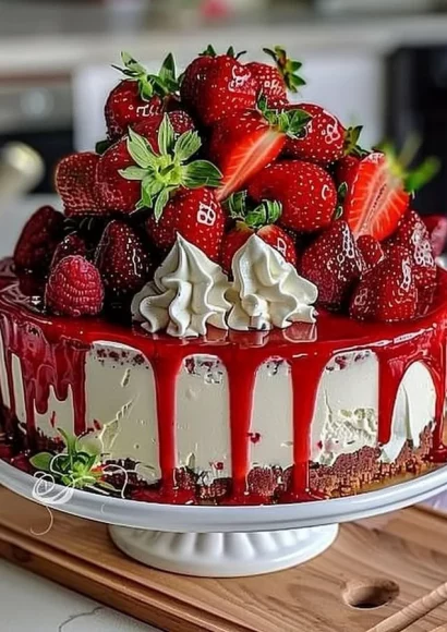 Delicious Velvet Strawberry Cheesecake topped with fresh strawberries