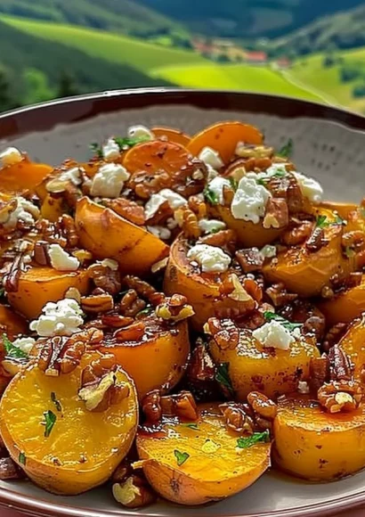 Walnut Maple Goat Cheese Roasted Sweet Potatoes topped with herbs