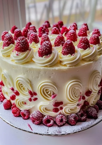 Delicious White Chocolate Raspberry Cake with pink raspberry filling and white chocolate ganache