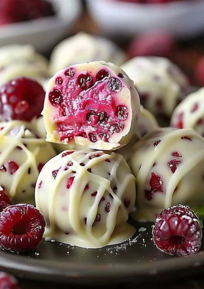 White chocolate raspberry cheesecake balls dessert on a plate