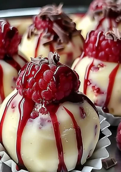Delicious white chocolate raspberry cheesecake balls topped with fresh raspberries.