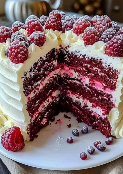 Delicious White Chocolate Raspberry Cake with fresh raspberries and white chocolate frosting