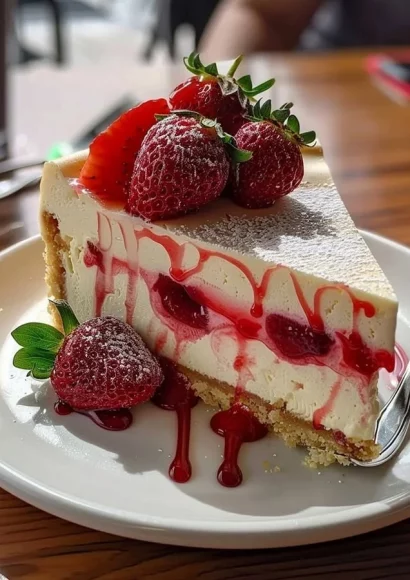 Slice of white chocolate strawberry cheesecake garnished with fresh strawberries.