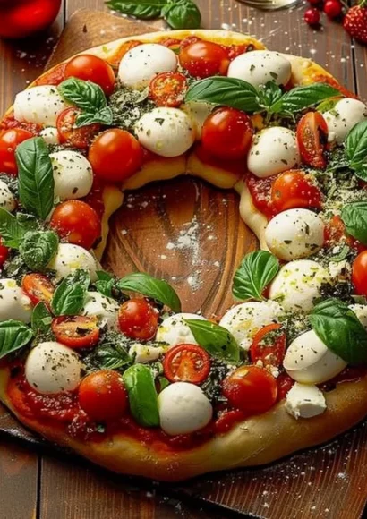 Delicious festive Wreath Pizza decorated for the holidays