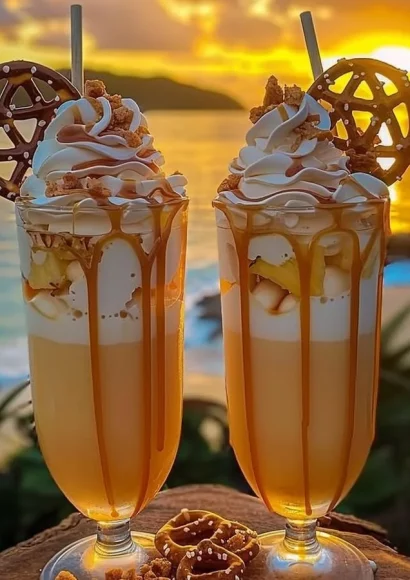 Delicious XOXO Caramel Colada drink with caramel swirls and coconut garnish.